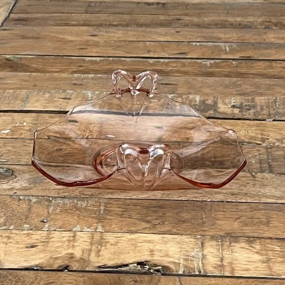 Unmarked Other - Vintage Small Pink Depression Glass Candy Dish Or Nut Bowl Bow Handles